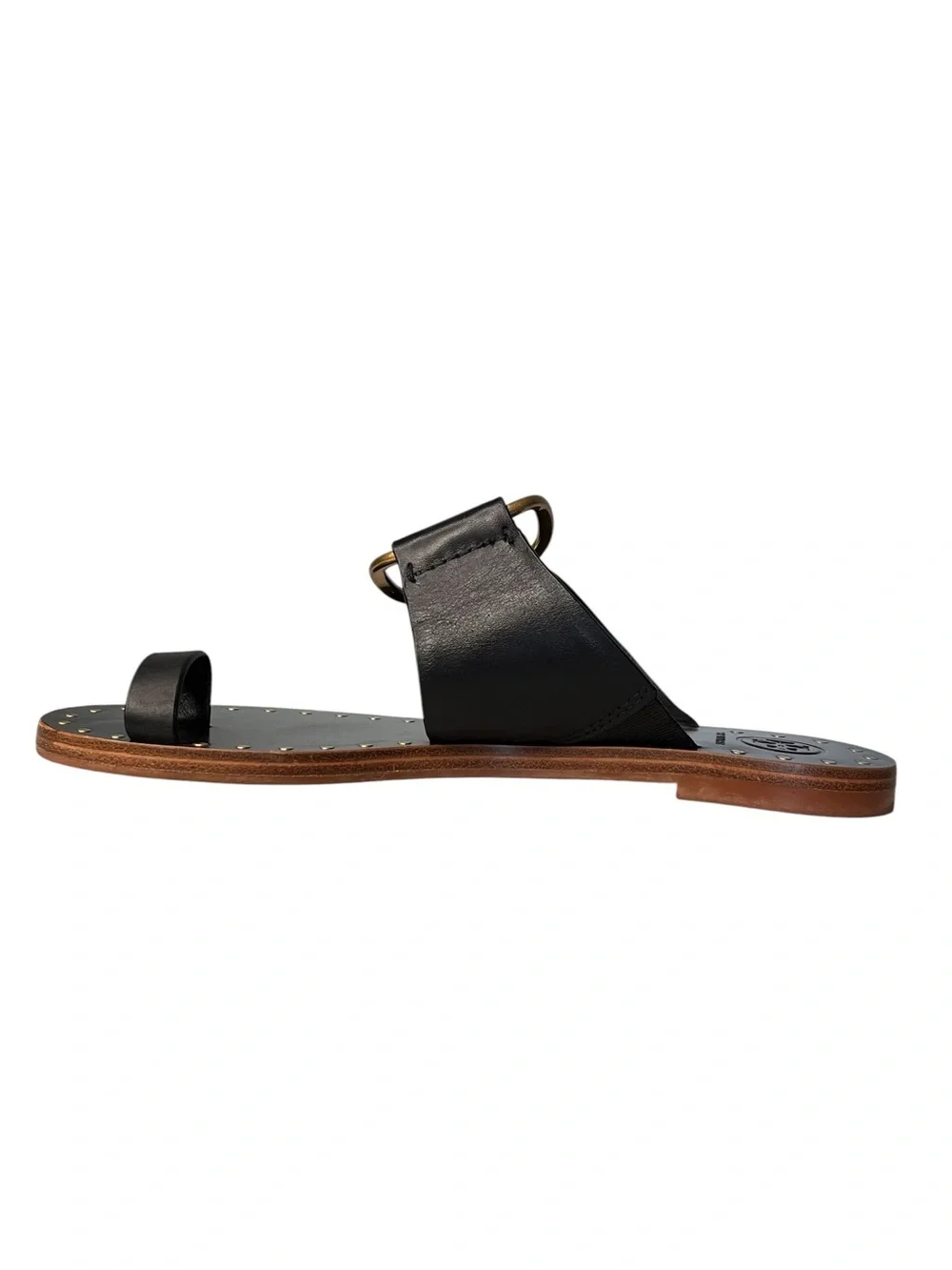 Tory Burch Ravello Black Leather Toe Ring Gold-Tone Studded Sandals Sz 8